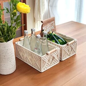 ANMINY 5PCS Macrame Storage Baskets Set Handmade Woven Cotton Rope Storage Bins Decor Boho Nursery Boxes with Wood Handles Removable Washable Linen Liner Countertop Toilet Tank Shelf Cabinet Organizer