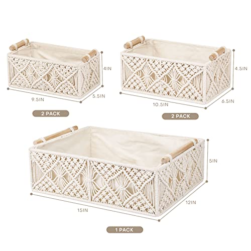 ANMINY 5PCS Macrame Storage Baskets Set Handmade Woven Cotton Rope Storage Bins Decor Boho Nursery Boxes with Wood Handles Removable Washable Linen Liner Countertop Toilet Tank Shelf Cabinet Organizer