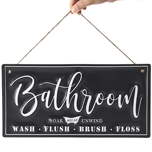 Bathroom Signs Decor For Farmhouse Wall.Black White Metal Bath Sign,14" X 7". Bath Wall Art, Bathroom Rustic Signs.Letreros Para Baños,Cuadros Para Baños Rusticos. (Black)