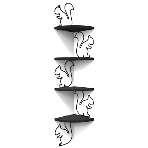 Alsonerbay Black Corner Shelf 4 Tier Shelves for Wall Storage, Easy-to-Assemble Floating Wall Mount Shelves for Bedrooms and Living Rooms (Squirrel Shaped)