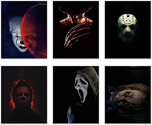 Horror Movie Poster Villain Characters Terror Poster Scary Halloween Painting Picture Prints Set Of 6 (8 In X 10 In) Bedroom Decor Wall Art