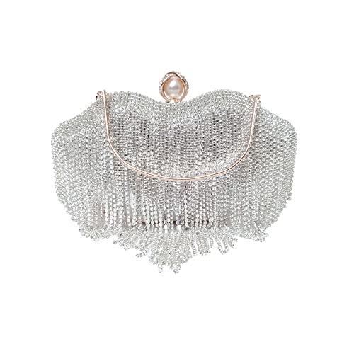 Women Luxury Lips Shape Crystal Tassel Evening Pearl Clutch Purse Bag Rhinestones Wedding Party Purse Handbag With Pearl Buckle (Sliver)