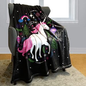 yisumei unicorn black throw blanket leaves stars firework fleece blanket soft warm cozy for sofa couch bed 50″x60″