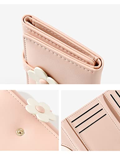 MEISEE Cute Small Wallet for Girls Women Tri-folded Wallet Cash Pocket flowers PU Leather Print Card Holder Coin Purse with ID Window (2-pink)