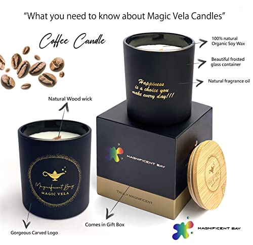 Scented Candles for Men Extra Large 11 oz 70+ Hours Burn Time Wood Wick Luscious Coffee Scented Candles Magic Vela Scented Candle by Magnificent Bay.Gifts for Women and Men.