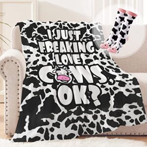 cusfuk cute cow throw blankets all season bed blanket decorative home farm decor gift blanket 50×60 inch with socks for girls women black-cow 50 inch x60 inch