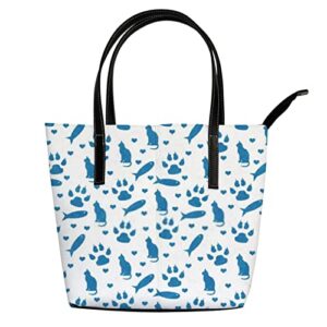 Fashionable women's handbag tote bag, Blue and White Catprinted shoulder bag is light and durable