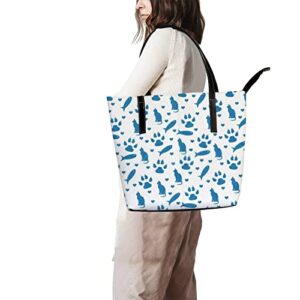Fashionable women's handbag tote bag, Blue and White Catprinted shoulder bag is light and durable