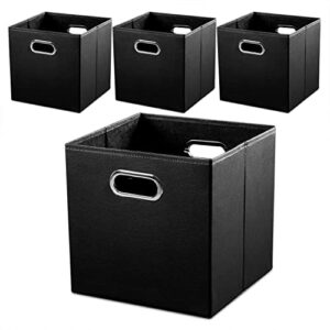 prandom leather foldable cube storage bins 13×13 inch [4-pack] fabric storage baskets cubes drawer with cotton handles organizer for shelves toy nursery closet bedroom clothes black