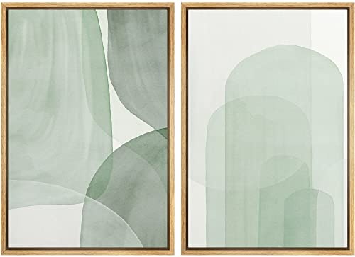 SIGNWIN Framed Canvas Print Wall Art Set Pastel Watercolor Green Polygon Collage Abstract Shapes Illustrations Modern Art Minimal Boho Colorful for Living Room, Bedroom, Office - 16"x24"x2 Natural