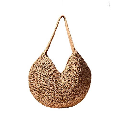 JBRUN Women Straw Woven Tote Handmade Weaving Shoulder Bag Handbag Summer Beach Large Semicircle Hobo Bag (Brown)