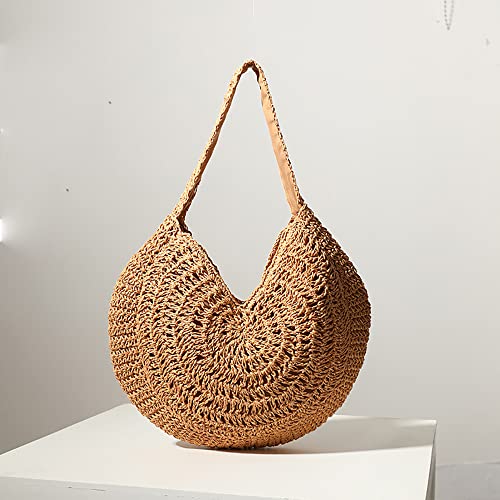 JBRUN Women Straw Woven Tote Handmade Weaving Shoulder Bag Handbag Summer Beach Large Semicircle Hobo Bag (Brown)