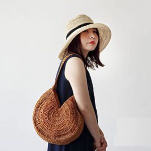 JBRUN Women Straw Woven Tote Handmade Weaving Shoulder Bag Handbag Summer Beach Large Semicircle Hobo Bag (Brown)