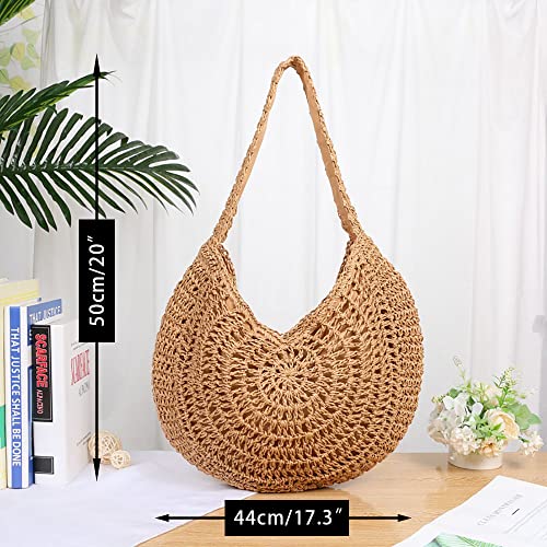 JBRUN Women Straw Woven Tote Handmade Weaving Shoulder Bag Handbag Summer Beach Large Semicircle Hobo Bag (Brown)