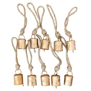 vivanta 1.75 inch 10 pcs small mini gold rustic vintage iron tin metal christmas ornaments jingle bells for crafts, tiny cow bells for hanging chimes, creative indian handmade art cylinder rope bells