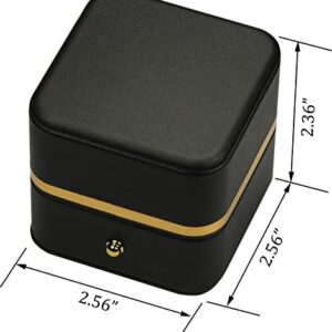 Ring Box for Wedding Proposal Engagement for Men Women Luxury Soft Touch Premium Black Color PU Leather Ring Jewelry Gift Holder Box with Elegant Gold Trim and Gold Button Design Ring Gift Box