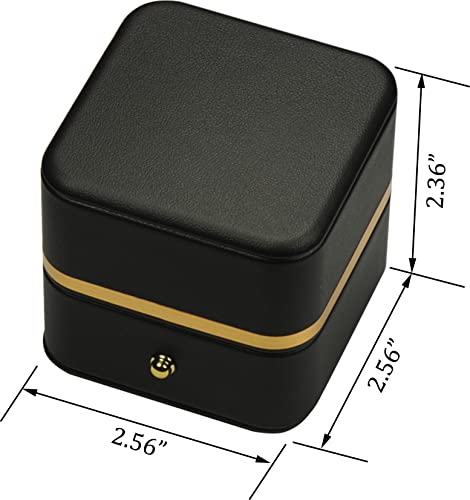 Ring Box for Wedding Proposal Engagement for Men Women Luxury Soft Touch Premium Black Color PU Leather Ring Jewelry Gift Holder Box with Elegant Gold Trim and Gold Button Design Ring Gift Box