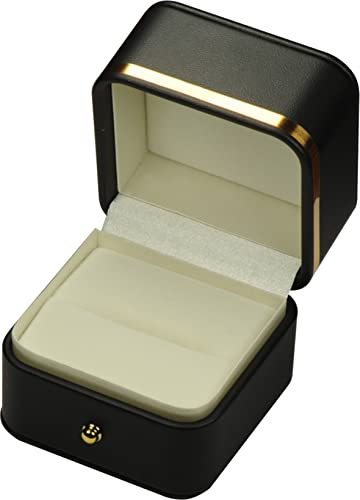 Ring Box for Wedding Proposal Engagement for Men Women Luxury Soft Touch Premium Black Color PU Leather Ring Jewelry Gift Holder Box with Elegant Gold Trim and Gold Button Design Ring Gift Box