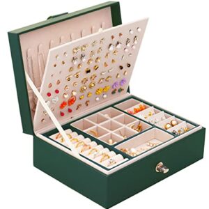 QBestry Stud Earring Organizer for Women Girls Jewelry Box for Earrings Necklace Jewelry Organizer,Girls Earring Box for Womens Necklace Holder Rings Organizer Bracelet Earring Storage Case,Green