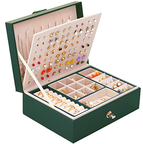 QBestry Stud Earring Organizer for Women Girls Jewelry Box for Earrings Necklace Jewelry Organizer,Girls Earring Box for Womens Necklace Holder Rings Organizer Bracelet Earring Storage Case,Green