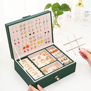 QBestry Stud Earring Organizer for Women Girls Jewelry Box for Earrings Necklace Jewelry Organizer,Girls Earring Box for Womens Necklace Holder Rings Organizer Bracelet Earring Storage Case,Green