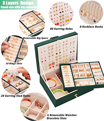 QBestry Stud Earring Organizer for Women Girls Jewelry Box for Earrings Necklace Jewelry Organizer,Girls Earring Box for Womens Necklace Holder Rings Organizer Bracelet Earring Storage Case,Green