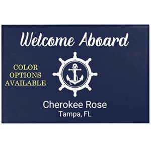 welcome aboard mat for boats, personalized boat rug, custom boat mat, nautical gift, custom doormat coastal decor, maritime boat gifts, boat decor, custom gift for boat (36″ × 24″, navy)