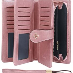 Long Wallets for Women PU Leather Credit Card Holder with Zipper Compartment Large Capacity Trifold Clutch Wristlet Multi Card Case Wallet (3-Pink)