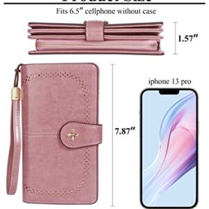 Long Wallets for Women PU Leather Credit Card Holder with Zipper Compartment Large Capacity Trifold Clutch Wristlet Multi Card Case Wallet (3-Pink)