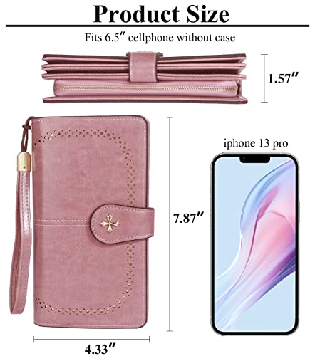 Long Wallets for Women PU Leather Credit Card Holder with Zipper Compartment Large Capacity Trifold Clutch Wristlet Multi Card Case Wallet (3-Pink)