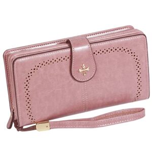 Long Wallets for Women PU Leather Credit Card Holder with Zipper Compartment Large Capacity Trifold Clutch Wristlet Multi Card Case Wallet (3-Pink)