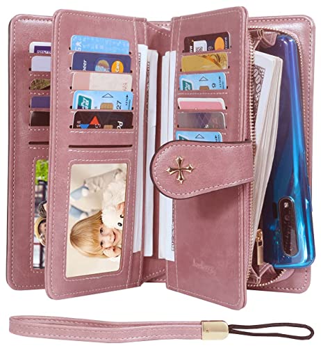 Long Wallets for Women PU Leather Credit Card Holder with Zipper Compartment Large Capacity Trifold Clutch Wristlet Multi Card Case Wallet (3-Pink)