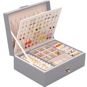 QBestry Stud Earring Organizer for Women Girls Gray Jewelry Box for Earrings Necklace Jewelry Organizer,Girls Earring Box for Womens Necklace Holder Rings Organizer Bracelet Earring Storage Case,Grey