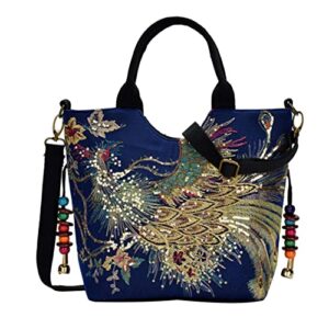 shoulder handbags for women, ethnic travel bags tote with bling sequins phoenix embroidered new portable package (blue)