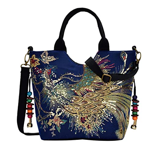 Shoulder Handbags for Women, Ethnic Travel Bags Tote with Bling Sequins Phoenix Embroidered New Portable Package (Blue)