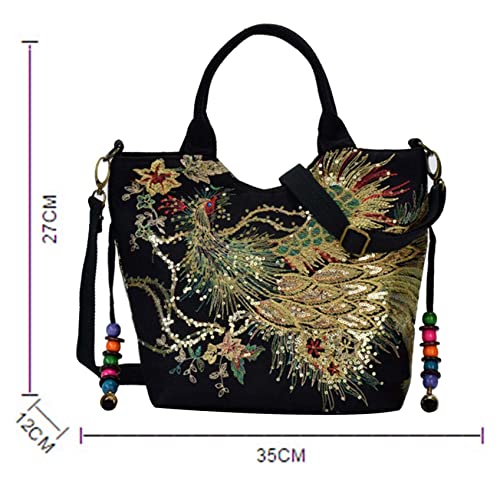 Shoulder Handbags for Women, Ethnic Travel Bags Tote with Bling Sequins Phoenix Embroidered New Portable Package (Blue)