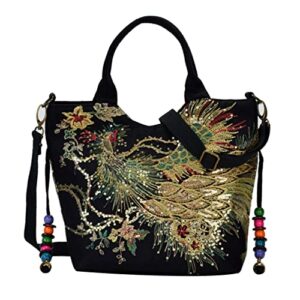 Shoulder Handbags for Women, Ethnic Travel Bags Tote with Bling Sequins Phoenix Embroidered New Portable Package (Blue)