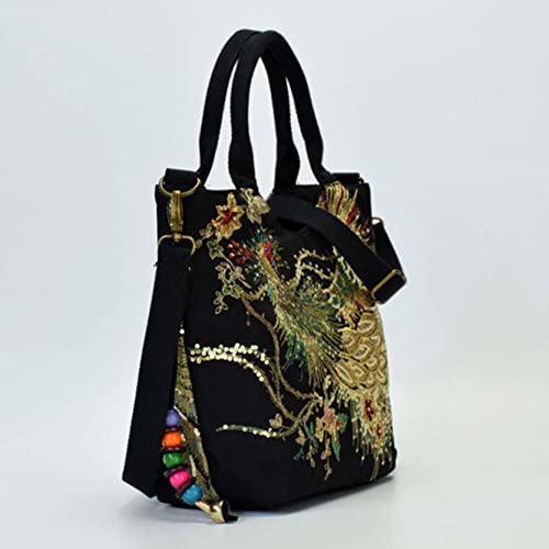 Shoulder Handbags for Women, Ethnic Travel Bags Tote with Bling Sequins Phoenix Embroidered New Portable Package (Blue)