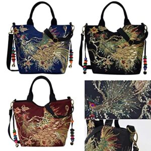 Shoulder Handbags for Women, Ethnic Travel Bags Tote with Bling Sequins Phoenix Embroidered New Portable Package (Blue)