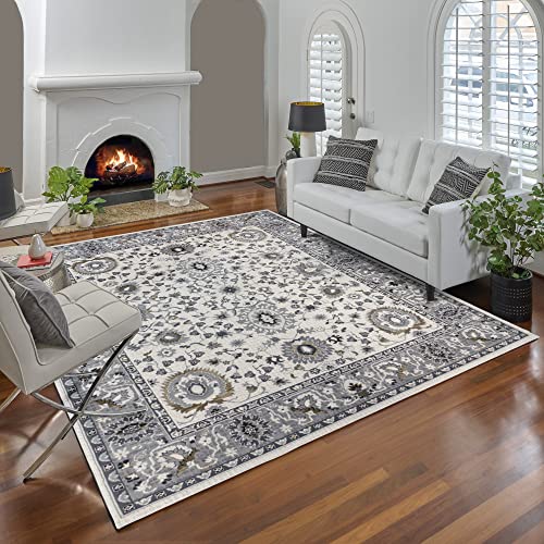 Gertmenian 19618 Boho Abstract Rug III Modern Living Room Kitchen Bohemian Area Carpet, 5x7 Standard, Gray Border Ivory Distressed Farmhouse