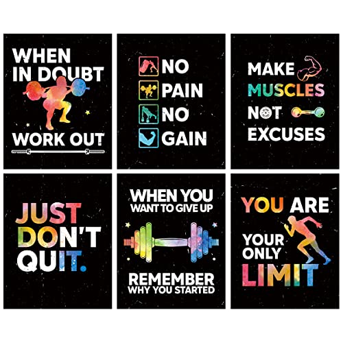 HLNIUC Motivational Gym Wall Art,Inspirational Workout Room Poster, Motivational Words Home Gym Decor Set Of 6(8’’X10’’,Unframed),Positive Canvas Art Print For Gym,Exercise Classroom Decor