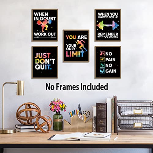 HLNIUC Motivational Gym Wall Art,Inspirational Workout Room Poster, Motivational Words Home Gym Decor Set Of 6(8’’X10’’,Unframed),Positive Canvas Art Print For Gym,Exercise Classroom Decor