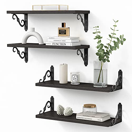 Goozii Black Shelves for Wall Set of 4, Floating Bathroom Shelves Over Toilet Wall Mounted, Wood Decorative Shelves for Bedroom Books, Living Room Decor, Closet Storage (Wide 17 x Deep 6 Inch)