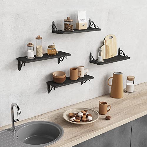 Goozii Black Shelves for Wall Set of 4, Floating Bathroom Shelves Over Toilet Wall Mounted, Wood Decorative Shelves for Bedroom Books, Living Room Decor, Closet Storage (Wide 17 x Deep 6 Inch)