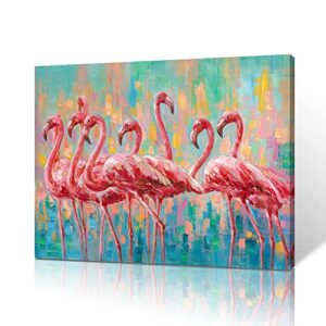 yidepot flamingo bedroom wall decor painting: a flock of pink flamingo wall art canvas for bathroom with frame ready to hang (12″x16″x1 panel)