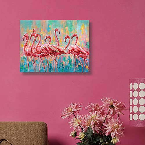 Yidepot Flamingo Bedroom Wall Decor Painting: A Flock of Pink Flamingo Wall Art Canvas for Bathroom with Frame Ready to Hang (12"x16"x1 Panel)