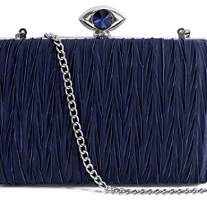 PEEPTOE EVENING Satin Pleated Clutch Purses for Women Crystal Evening Bag for Wedding Party Prom Navy