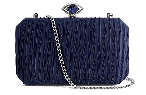 PEEPTOE EVENING Satin Pleated Clutch Purses for Women Crystal Evening Bag for Wedding Party Prom Navy