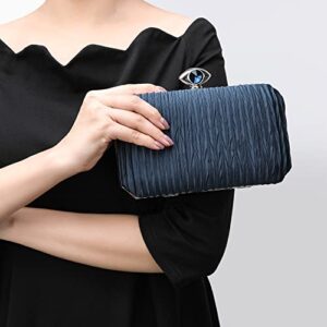 PEEPTOE EVENING Satin Pleated Clutch Purses for Women Crystal Evening Bag for Wedding Party Prom Navy