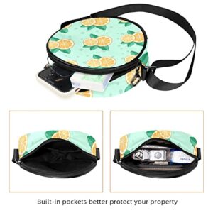 Orange Slice And Mint Crossbody Bag for Women Teen Girls Round Canvas Shoulder Bag Purse Tote Handbag Bag